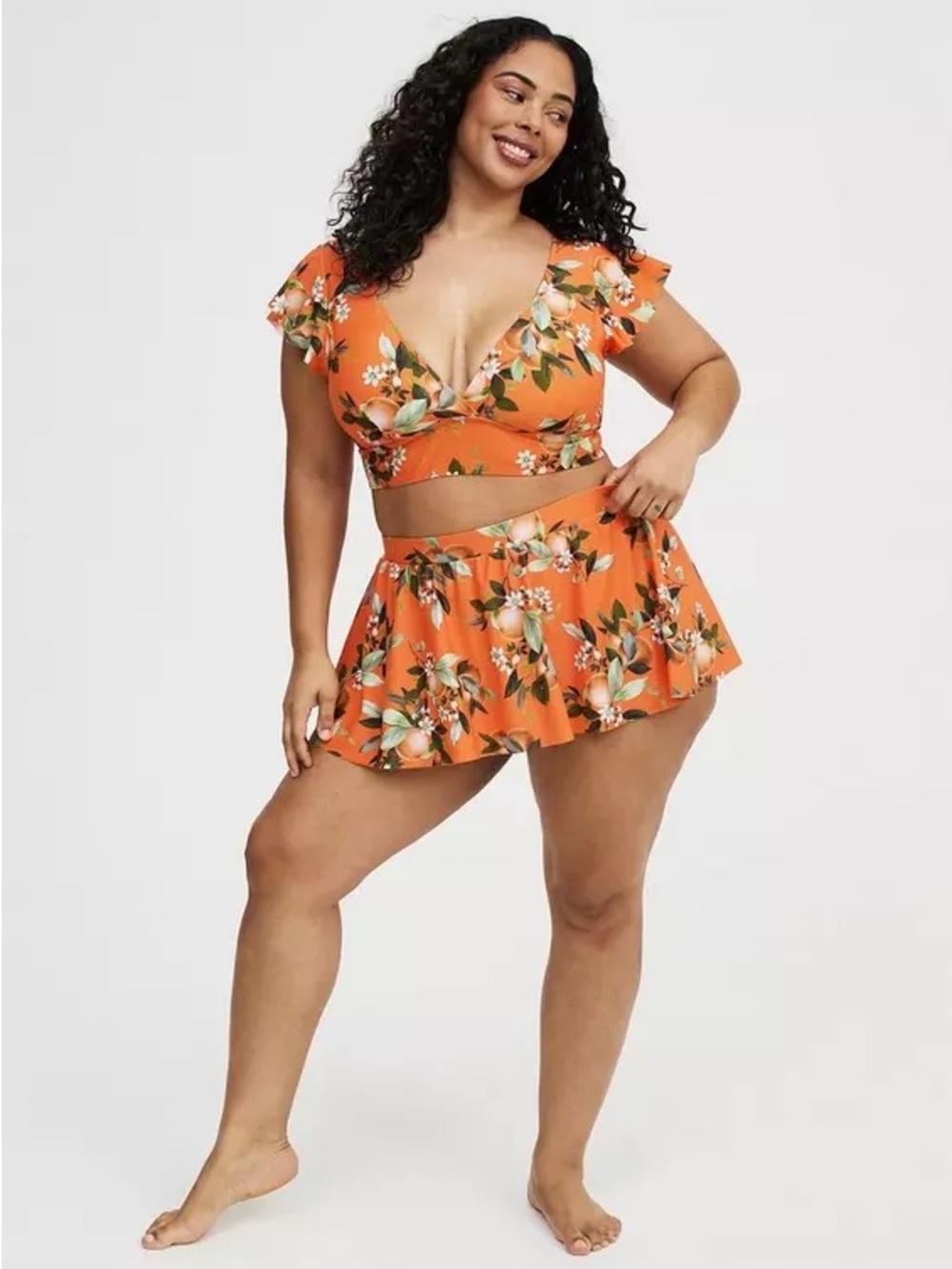 torrid Orange Floral Ruffled Bikini Top & Skirt Set